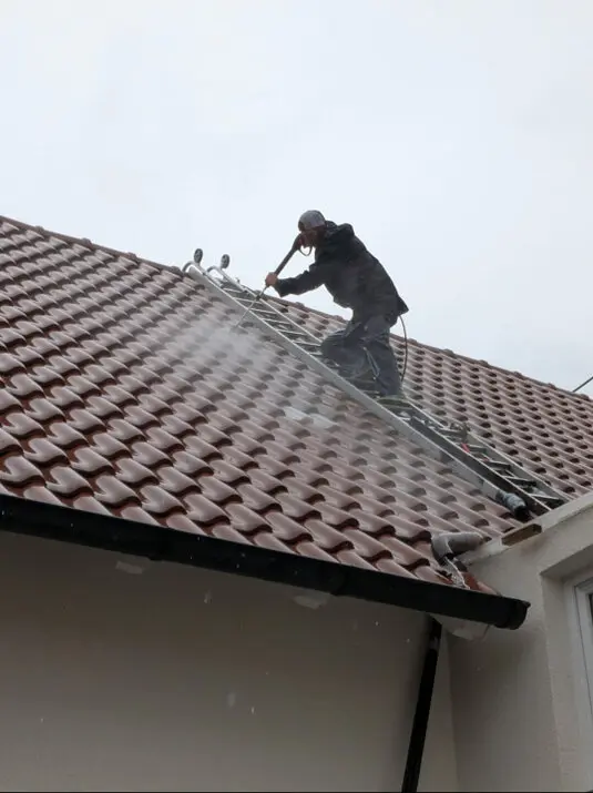 Dachreinigung Eine Dachhälfte wo gereinigt wird